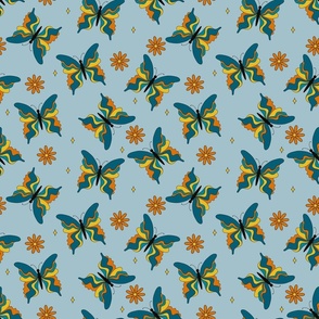 Retro Butterflies-blue, Butterfly Fabric, Boho, 70s