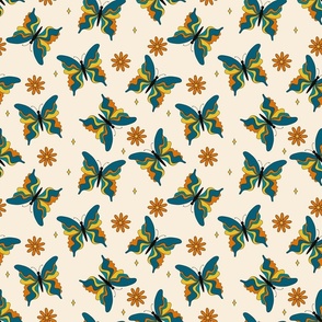 Retro Butterflies-beige, Butterfly Fabric, Boho, 70s