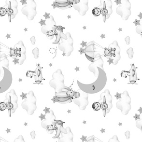 Flying Animals Moon Stars Clouds Gray Rotated 