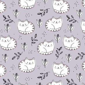 Fuzzy fat sleepy cats sweet kawaii kittens and leaves for kids white on lilac purple 