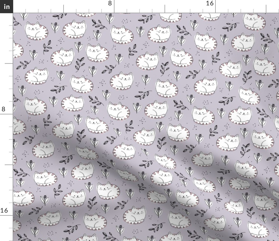 Fuzzy fat sleepy cats sweet kawaii kittens and leaves for kids white on lilac purple 