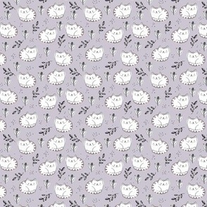 Fuzzy fat sleepy cats sweet kawaii kittens and leaves for kids white on lilac purple SMALL