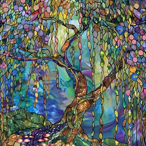 Stained Glass Fantastical Rainbow Weeping Willow / Fabric / Wallpaper / Home Decor / Upholstery / Clothing