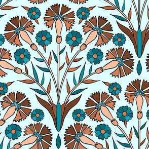 art deco carnations in brown and turquoise, 24" 