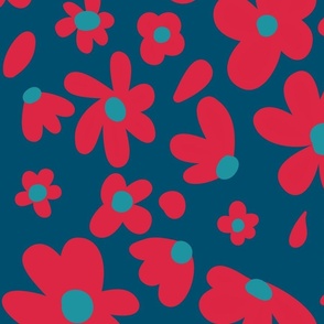 0001aXL Fun and Funky Red Flowers on Deep Blue (Extra Large)