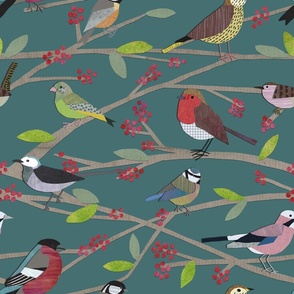 COLLAGE BIRDS BERRIES BRANCHES TEAL 