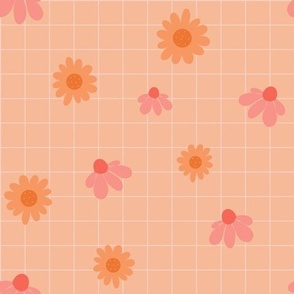 Pastel flowers on a peach checkerboard