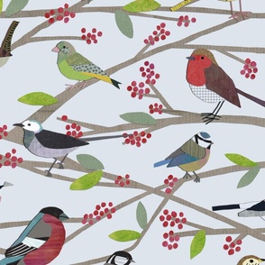 COLLAGE BIRDS BERRIES BRANCHES LT BLUE 