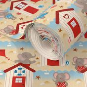 A Trip to the Beach - Elephants Playing in the Sand - Children's Fabric