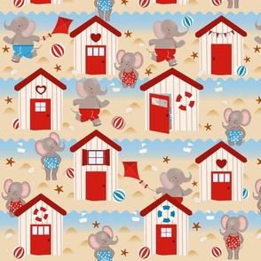 A Trip to the Beach - Elephants Playing in the Sand - Children's Fabric