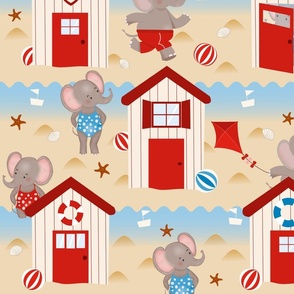A Trip to the Beach - Elephants Playing in the Sand - Children's Wallpaper Fabric - Large Scale