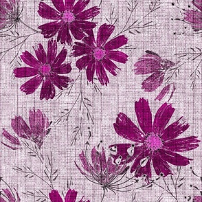 Burgundy flowers on a gray-pink background with herringbone texture. Retro floral pattern.