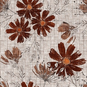 Terracotta flowers on a gray background with herringbone texture.  Retro floral pattern.