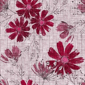Dark red flowers on a gray-pink background with herringbone texture. Retro floral pattern.