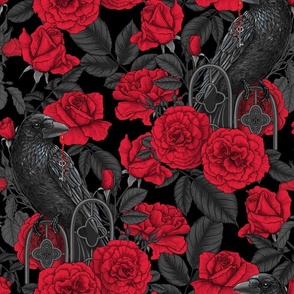 Ravens and red roses with gray leaves