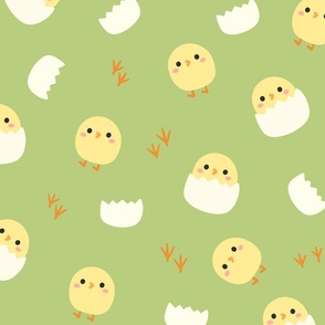 Cheerful Easter - Cute Chicks Peeking from Egg Shells on Light Green