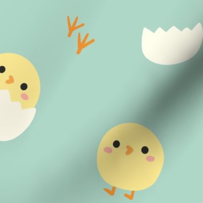 Cheerful Easter - Cute Chicks Peeking from Egg Shells on Mint