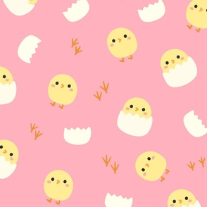 Cheerful Easter - Cute Chicks Peeking from Egg Shells on Pink