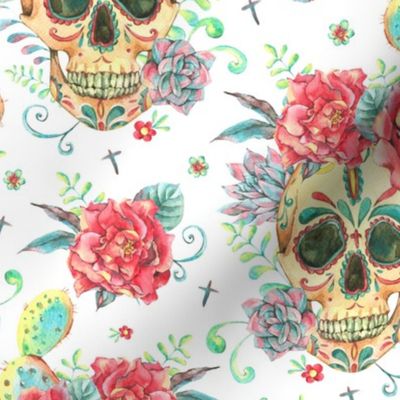 Watercolor sugar skull and flowers on white