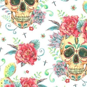 Watercolor sugar skull and flowers on white
