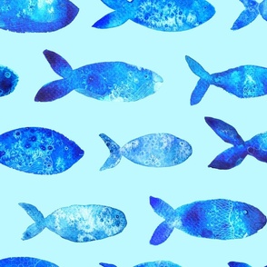 Fishy large blue watercolor fishes on light blue