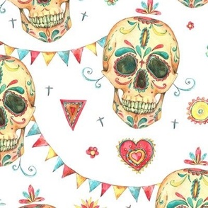 Watercolor sugar skull, flags and flowers on white