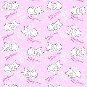 Melanie name fabric with sleepy white kitties