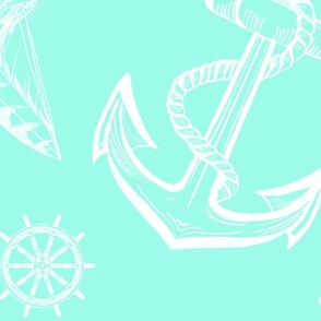 Nautical Sketches on Mint Background, Large Scale Design