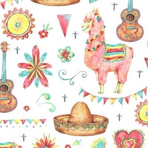 Watercolor cute llama, festive sombrero, cactus and flowers on white