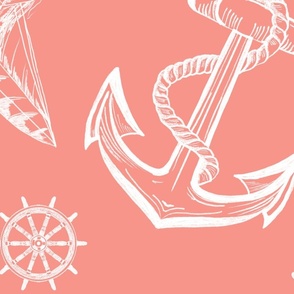 Nautical Sketches on Coral  Background, Large Scale Design