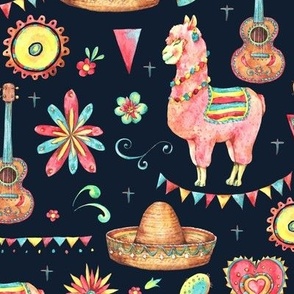 Watercolor cute llama, festive sombrero, cactus and flowers on black