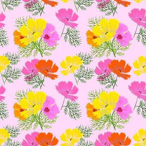 Mini Colorful Cosmos Flowers Orange, Red, Pink And Yellow Spring Summer 2024 Grandmillennial Mountain Floral Wildflower Repeat Pattern