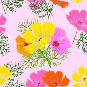 Colorful Cosmos Flowers Orange, Red, Pink And Yellow Spring Summer 2024 Grandmillennial Mountain Floral Wildflower Repeat Pattern