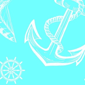 Nautical Sketches on Coastal  Blue  Background, Large Scale Design