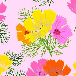 Big Colorful Cosmos Flowers Orange, Red, Pink And Yellow Spring Summer 2024 Grandmillennial Mountain Floral Wildflower Repeat Pattern