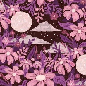 12x8 Purple Moonlit Garden - Moon and Flowers