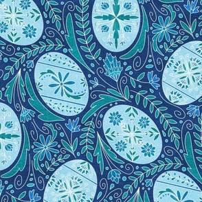 Large Pysanky Maximalist Floral - Blues cool monotone