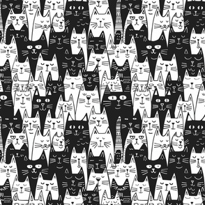 Whimsical Cat Congregation - Charming Black and White Feline Illustrations