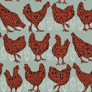 red hens on gray