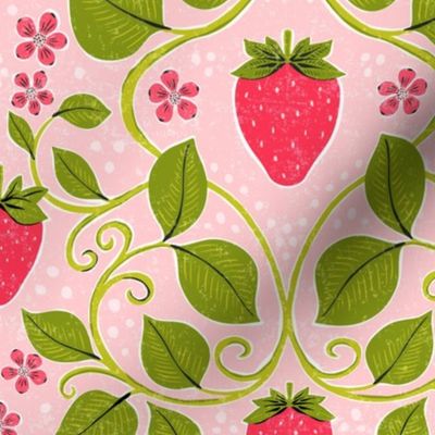 Red Strawberries with Flowers and Leaves on Pink Background