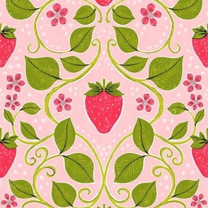 Red Strawberries with Flowers and Leaves on Pink Background