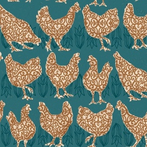 Folk hens on teal