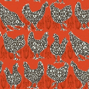 Chickens on red