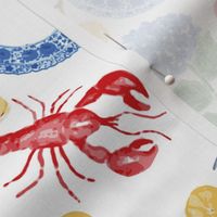 Nantucket Picnic | Preppy Pattern featuring Hydrangeas, Lobsters, Oysters, Chinoiserie Plates, Lemons,  and Beach Chairs