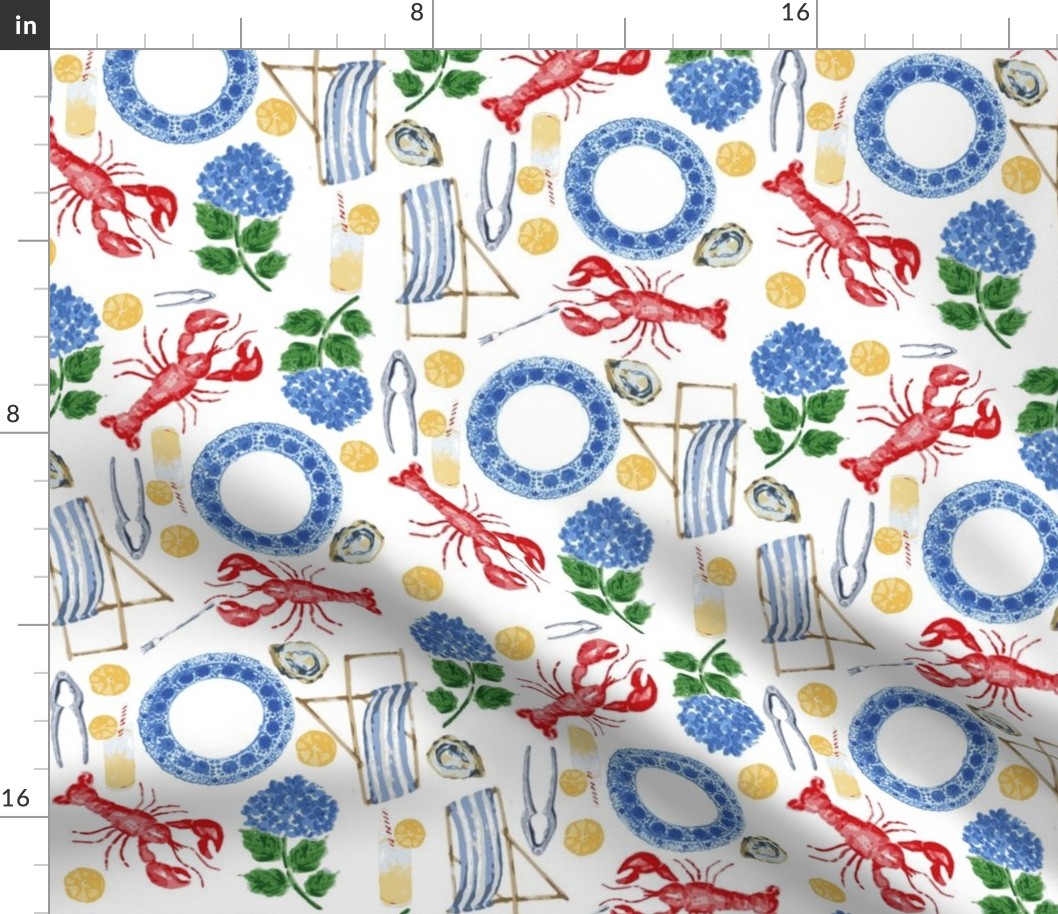 Nantucket Picnic | Preppy Pattern featuring Hydrangeas, Lobsters, Oysters, Chinoiserie Plates, Lemons,  and Beach Chairs