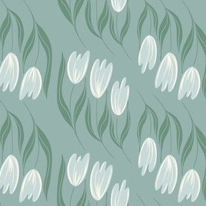 Mid Mod Style Diagonal Tulips in Teal Blue and Ivory.