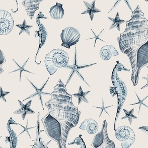 Watercolor seashellls navy/ecru