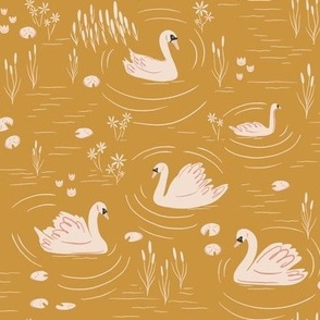 Swan Lake Toile in Soft Pink and Mustard Yellow.