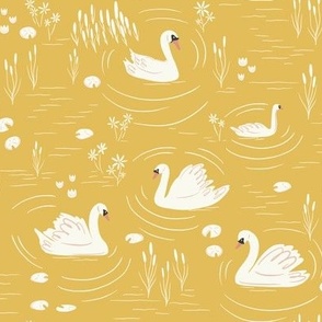 Swan Lake Toile in Mustard Yellow and Ivory.