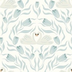 Swan Lovebirds Surrounded by Tulips in Soft Blue and Ivory.